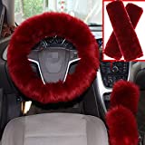 Forala 1 Set 5 Pcs Car Steering Wheel Cover & Handbrake Cover & Gear Shift Cover Set & Seat Belt Shoulder Pads Faux Wool Warm Winter (Wine Red) (Wine Red)