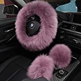 3Pcs Set Fashion Fluffy Fuzzy Wool Fur Soft Steering Wheel Cover with Handbrake Cover & Gear Shift Cover for Women/Girls/Ladies Car Decoration Long Wool Accessories (Pansy Purple)