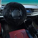 Valleycomfy 3Pcs Fluffy Steering Wheel Cover Set, Winter Warm Soft Fur Fuzzy Steering Wheel Covers for Women/Girls 15 Inch Universal (Black)