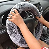 Universal Plush 15 Inch Car Steering Wheel Cover with Shift Handbrake Cover for Men Women Soft Anti-Slip Fuzzy Steering Wheel Cushion Protector (Dark Grey)