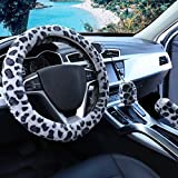 Fuzzy Steering Wheel Cover for Women Girls, Accmor Universal Fit Fur Car Wheel Cover & Handbrake Cover & Gear Shift Cover Set, Leopard Winter Warm Fluffy Vehicle Wheel Protector for Auto, SUV