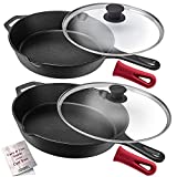 Cast Iron Skillet Set - 10" + 12"-Inch Frying Pan + Glass Lids + 2 Handle Cover Grips - Pre-Seasoned Oven Safe Cookware - Indoor/Outdoor Use - Grill, Stovetop, Induction, BBQ, Camping and Firepit Safe