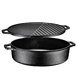 3-In-1 Pre-Seasoned Cast Iron Round Deep Roasting Pan With Reversible Grill Griddle Lid, Non-Stick Open Fire Camping Kitchen Cookware, Use As Frying Pan or Roasting pan 6.8 Quart