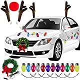 ANECO Christmas Car Decorations Set Christmas Car Wreath Christmas Car Reindeer Antlers Christmas Car Refrigerator Reflective Bulb Light LED Christmas Car Wreath for Car Christmas