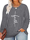 HDLTE Plus Size Faith Shirts Womens Long Sleeve Christian Inspirational Tops Casual O Neck Blouse (Grey, 3X)