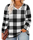 CARCOS Plus Size Tops for Women 3X Long Sleeve T Shirts V Neck Black White Checkered Blouses Casual Pullover Sweatshirts 3XL 22W 24W