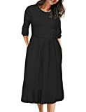 MEROKEETY Women's 3/4 Balloon Sleeve Striped High Waist T Shirt Midi Dress, SolidBlack, L