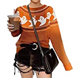 YEMOCILE Knitted Sweater for Women with Cute Ghost Pattern Gothic Streetwear with Long Sleeves for Girls Orange