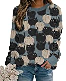 Women Halloween Sweatshirt Pullover Lightweight - Pumpkins Cats Printing Raglon Long Sleeve Shirt Light Blue XL