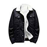 WUAI-Men Fleece Vintage Jean Jackets Sherpa Lined Denim Trucker Jackets Winter Warm Faux Fur Collar Cowboy Coat (Black,XX-Large