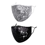 Reusable Sequin Face Mask Women Female Adult Glitter Sparkly Bling Fashion Cute Washable Designer Pretty Breathable Adjustable Sparkle Bedazzled Fancy Decorative Masquerade Black Silver Gift For Women