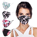 Fashion Floral Womens Cloth Face Masks, Large Pretty Washable Reusable Flower Designer Fabric Breathable Face Masks for Women Adult with Nose Clip and Filter Pocket, Adjustable Ear Loops (4 Pack)