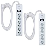 GE 6-Outlet Surge Protector, 2 Pack, 10 Ft Extension Cord, Power Strip, 800 Joules, Flat Plug, Twist-to-Close Safety Covers, Protected Indicator Light, UL Listed, White, 46862