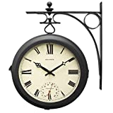 AcuRite 9-Inch Indoor/Outdoor Double-Sided Hanging Clock with 360-Degree Spin Functionality, Iron Metal Frame, Glass Lens, Quartz Crystal Movement, and Premium Thermometer (75140M), Black