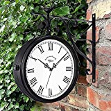 WJIEH Double Sided Clock Waterproof Outdoor Clock for Patio, Garage, Area Antique Thermometer Look Train Station Clock Two Sided Clock for Indoors/Outdoors