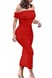 GOBLES Women's Ruched Off Shoulder Short Sleeve Bodycon Midi Elegant Cocktail Party Dress Red
