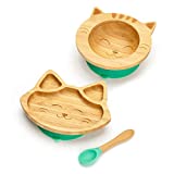 Baby Toddler Bamboo Suction Plate & Bowl & Spoon, Kids Feeding Tableware Set (Green)