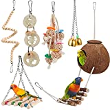 Bird Parakeet Toy Bird Cage Hammock Bird Perch Natural Coconut Hideaway with Ladder Swing Chewing Hanging Bell Toy with Mirror for Parrots,Parakeet,Conure,Cockatiel,Budgerigar,Love Birds,Mynah,Finches