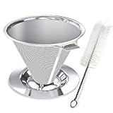 Cafellissimo Pour Over Coffee Dripper, Slow Drip Brew Coffee Filter, Paperless Reusable Metal Cone Filter, Stainless Steel with Double Mesh Liner and Cleaning Brush [1-2 Cups]