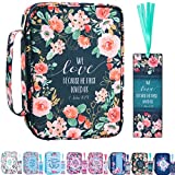 Floral Bible Cover Case with Scripture Carrying Book Case Church Bag with Leather Bookmark Protective with Handle, Zipper and Pockets for Standard Size Bible, Gift for Women Girl Kids 10“x7.5”x2.5"