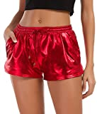 Tandisk Women's Yoga Hot Shorts Shiny Metallic Pants with Elastic Drawstring Red S