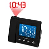 Magnasonic Projection Alarm Clock with AM/FM Radio, Battery Backup, Auto Time Set, Dual Alarm, Nap/Sleep Timer, Indoor Temperature/Date Display with Dimming & 3.5mm Audio Input - Black (EAAC601)