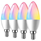 Smart Candelabra LED Bulb, E12 WiFi-Bluetooth Chandelier Light Bulb, Compatible with Alexa Google Home, Tunable White 2700K-6500K & RGB Candle Bulb, Music Sync 5W = 45W 400 lm 4 Pack