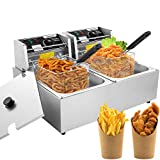 Professional-style Deep Fryer with Dual Baskets, 3600W 2x6L Stainless Steel Electric Commercial Deep Fryers, for Turkey French Fries Home Kitchen Restaurant, Total Capacity 12.7QT/12L (12L)
