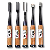 KAKURI Japanese Wood Carving Chisel and Gouge Set 5 Pcs for Woodworking, Made in JAPAN, Professional Heavy Duty Woodcarving Tools, Razor Sharp SHIROGAMI White Steel #2 Blade, Red Oak Wood Handle