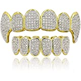 canjoyn 18K Gold Plated All Iced Out Luxury Cubic Zirconia Face Diamond Gold Teeth Grillz Set with Molding Bars Included for Men Women