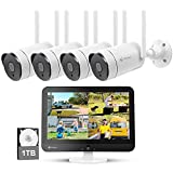 [8CH Expandable] Kittyhok All in One 2K Wireless Security Camera System with 12" HD Monitor, 4Pcs 3MP IP Surveillance Camera with 2 Way Audio, Remote View, 24/7 Recording, 1TB HDD