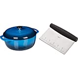 Amazon Basics Enameled Cast Iron Covered Dutch Oven, 6-Quart, Blue & Multi-Purpose Stainless Steel Scraper/Chopper with Contoured Grip, 6-Inch