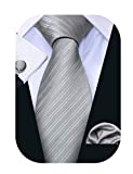 Barry.Wang Stripe Men Ties Set Classic WOVEN Necktie with Handkerchief Cufflinks Formal Solid Grey