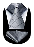 HISDERN Plaid Tie Handkerchief Woven Classic Men's Necktie & Pocket Square Set Grey Ties for Men Formal Business Wedding Gray Tie Set