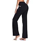 HISKYWIN Side Pockets Yoga Pants 4 Way Stretch Tummy Control Workout Running Pants, Long Bootleg Flare Pants HF201-Black-S