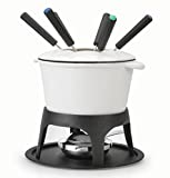 Artestia Cast Iron Fondue Pot Set, Cast Iron Chocolate Fondue Pot Set with 6 Fondue Forks, Cheese Fondue Set Serve 6 Persons(White)