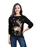 v28 Ugly Christmas Sweater, Women Girls Cute Shining Reindeer Pullover Sweater (XS, Black (Light-Gold Deer))