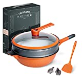 TIBORANG Nonstick 8 in 1 Multipurpose Woks and Stir Fry Pans,12.6 Inch 7-layer Coating Heat Indicator Cookware Chinese Wok with Transparent Glass Lid, Silicone Spatula,Steamed Grid,6L(Orange)