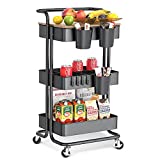 3-Tier Rolling Cart with Wheels,Cover Board,Partition Organizers,Keggs Multifunctional Utility Kitchen Storage Cart Mobile Trolley Snack Organizer for Home Laundry Room,Office,Bathroom,Baby Room-Black