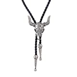 GelConnie Cowboy Skull Bolo Tie American Leather Necktie Rope Braided Necklace Western Jewelry for Men, Women PL0023-silver