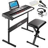 Ashthorpe 61-Key Digital Electronic Keyboard Piano with Light Up Keys, Includes Stand, Bench, Headphones, Mic and Keynote Stickers