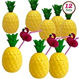 GiftExpress 12-Pack Plastic Pineapple Cups with Flamingo Straws, Hawaiian Party Cups Luau Aloha Party Favor