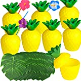 TUPARKA 12 Pack Pineapple Cups for Hawaiian Luau Party with Hibiscus Flower Straws and Tropical Plam Leaves, Aloha Tropical Party Beach Theme Party Fun Drink Decoration Cups for Kids