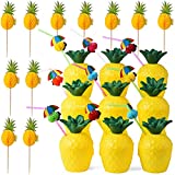 ALINK 12 Pineapple Cups with 12 Umbrella Straws and 12 Cocktail Drink Picks, Hawaiian Luau Tiki and Beach Party Decorations for Kids and Adults