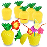 FUTUREPLUSX Pineapple Cups, 12PCS Plastic Pineapple Cups with Lids and Straws for Luau Summer Hawaiian Party