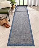 Well Woven Woden Blue Indoor/Outdoor Flat Weave Pile Solid Color Border Pattern Runner Rug 3x10 (2'7" x 9'10")