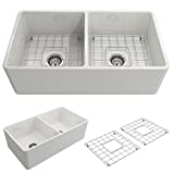 BOCCHI 1139-001-0120 Classico Apron Front Fireclay 33 in. Double Bowl Kitchen Sink with Protective Bottom Grid and Strainer in White