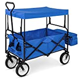 Best Choice Products Folding Utility Cargo Wagon Cart w/Removable Canopy, Cup Holders - Blue