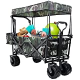 AthLike Outdoor Push Pull Collapsible Beach Wagon, Heavy-Duty 7“ All-Terrain Folding Cargo Cart, with Removable Canopy, 2 Cup Holder, Adjustable Handles, Extra Pocket for Shopping, Picnic, Garden