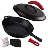 Cast Iron Skillet with Lid - 12"-inch Pre-Seasoned Covered Frying Pan Set + Silicone Handle & Lid Holders + Scraper/Cleaner - Indoor/Outdoor, Oven, Stovetop, Camping Fire, Grill Safe Kitchen Cookware